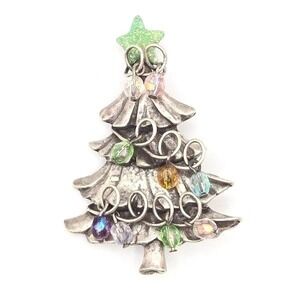 Vintage Pewter Christmas‎ Tree Brooch Pin Sparkling Beaded Ornaments Festive